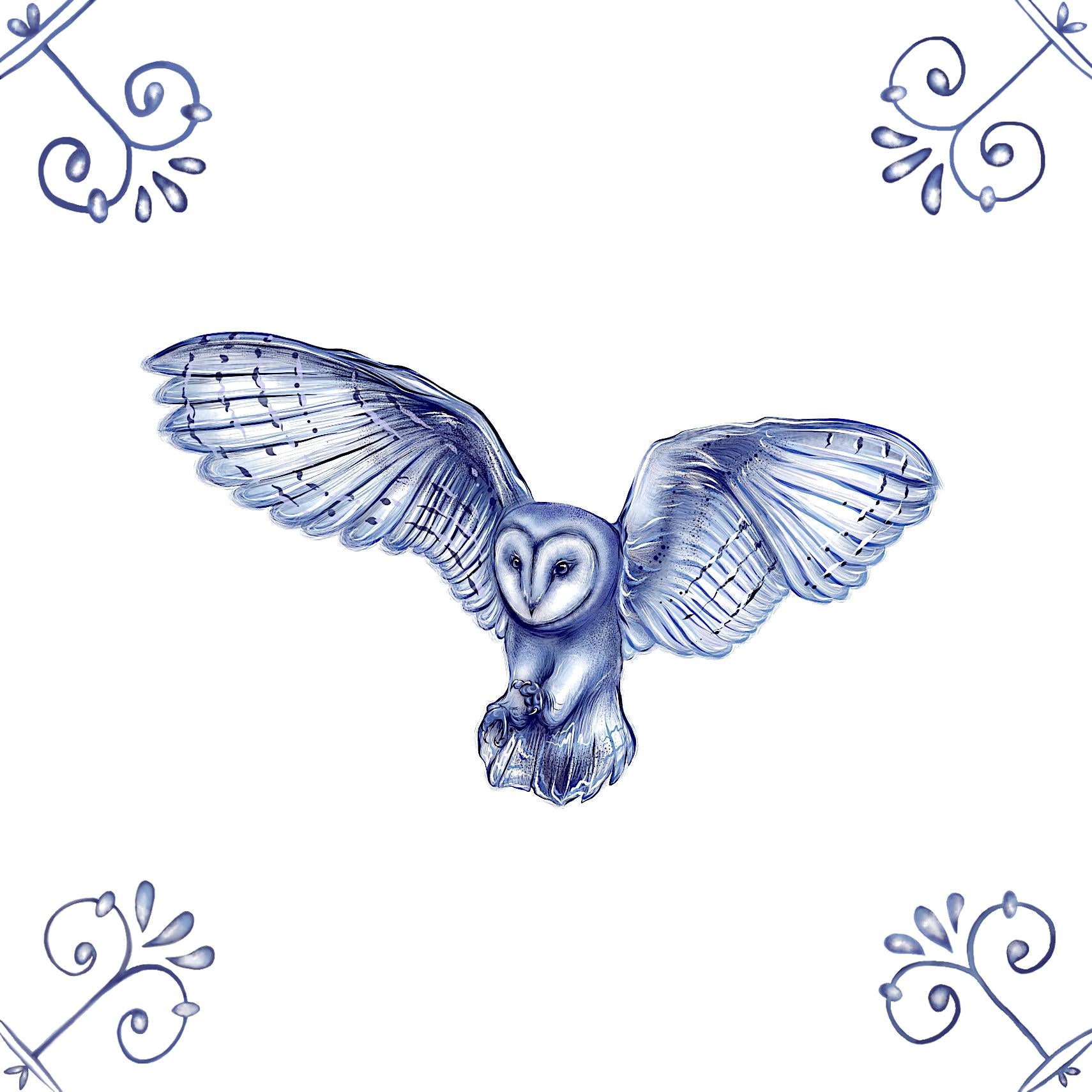 Delft Blue Detailed Barn Owl Ceramic Tile – Dutch Style Kitchen Decor