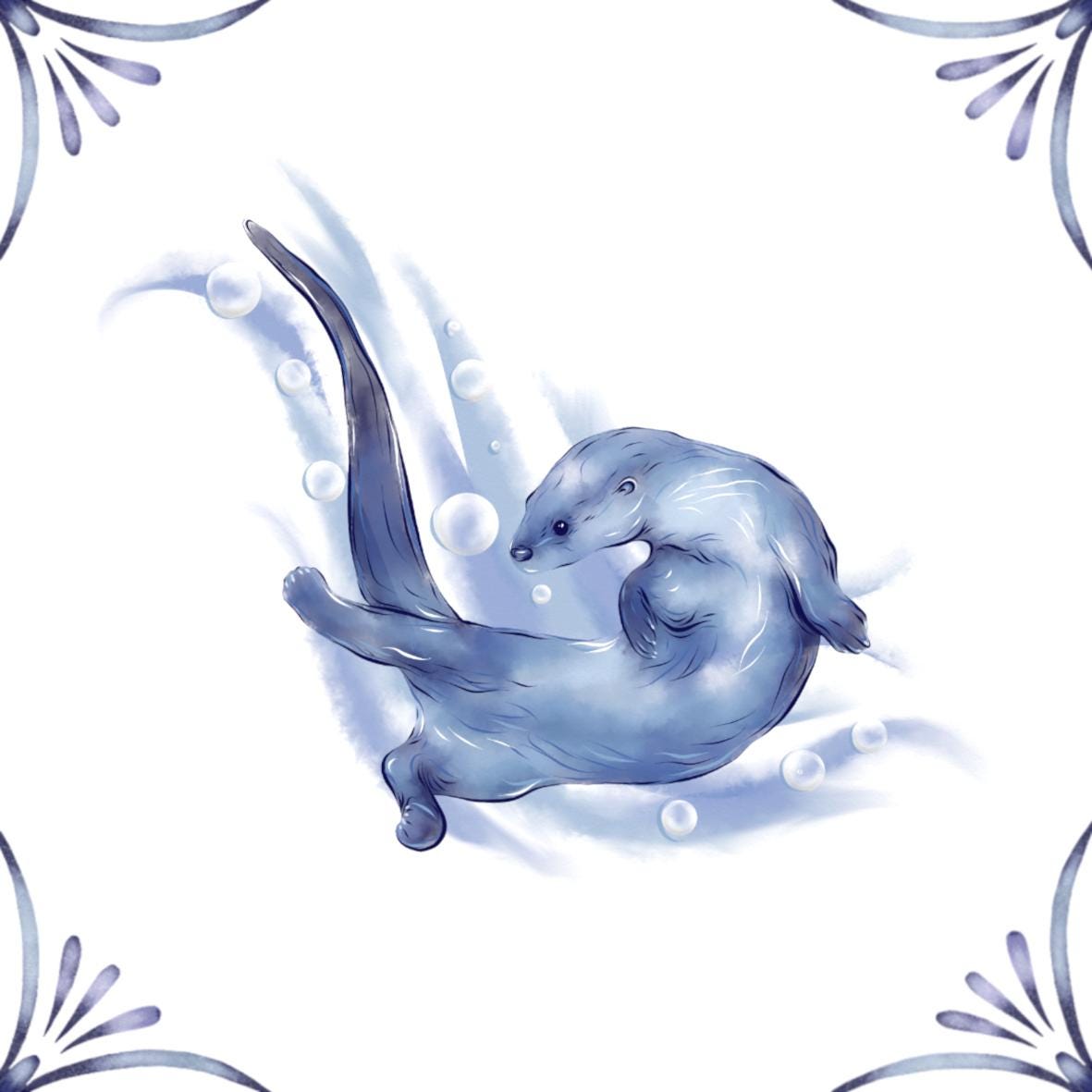 Delft Blue Ceramic Tile- Otter Swimming︱Bathroom Tile, Splashback, Kitchen Tiles, Modern Dutch Style
