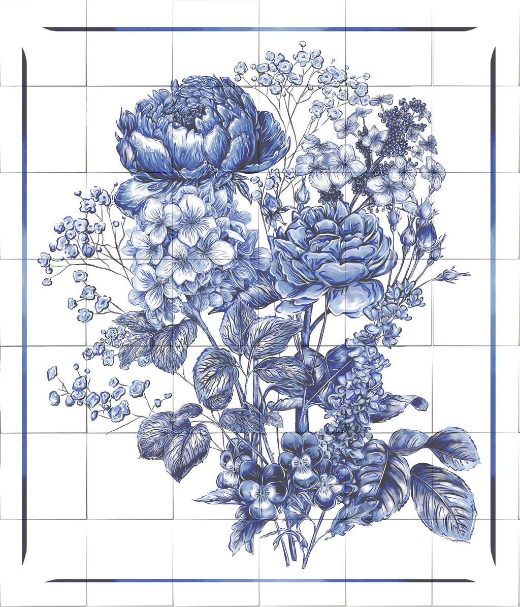 Delft Blue Ceramic Tile Mural- Floral Bouquet︱Splashback, Kitchen Tiles, Modern Dutch Style