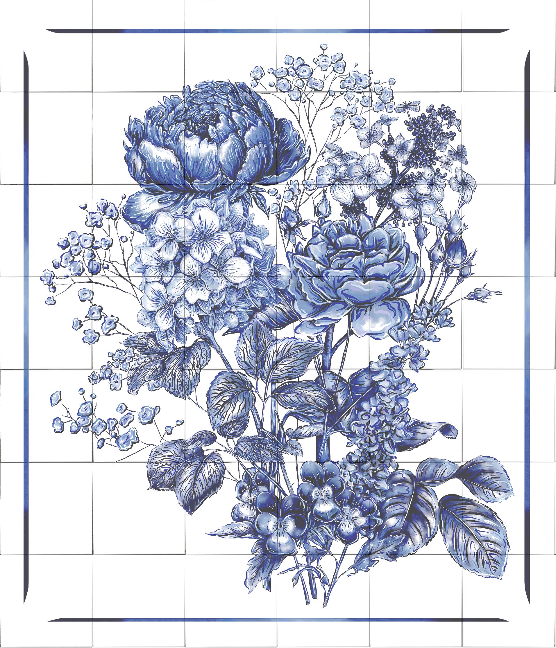 Delft Blue Ceramic Tile Mural- Floral Bouquet︱Splashback, Kitchen Tiles, Modern Dutch Style
