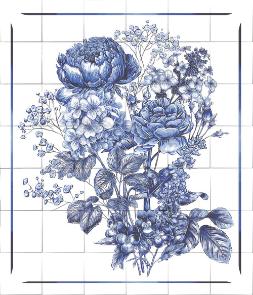 Delft Blue Ceramic Tile Mural- Floral Bouquet︱Splashback, Kitchen Tiles, Modern Dutch Style