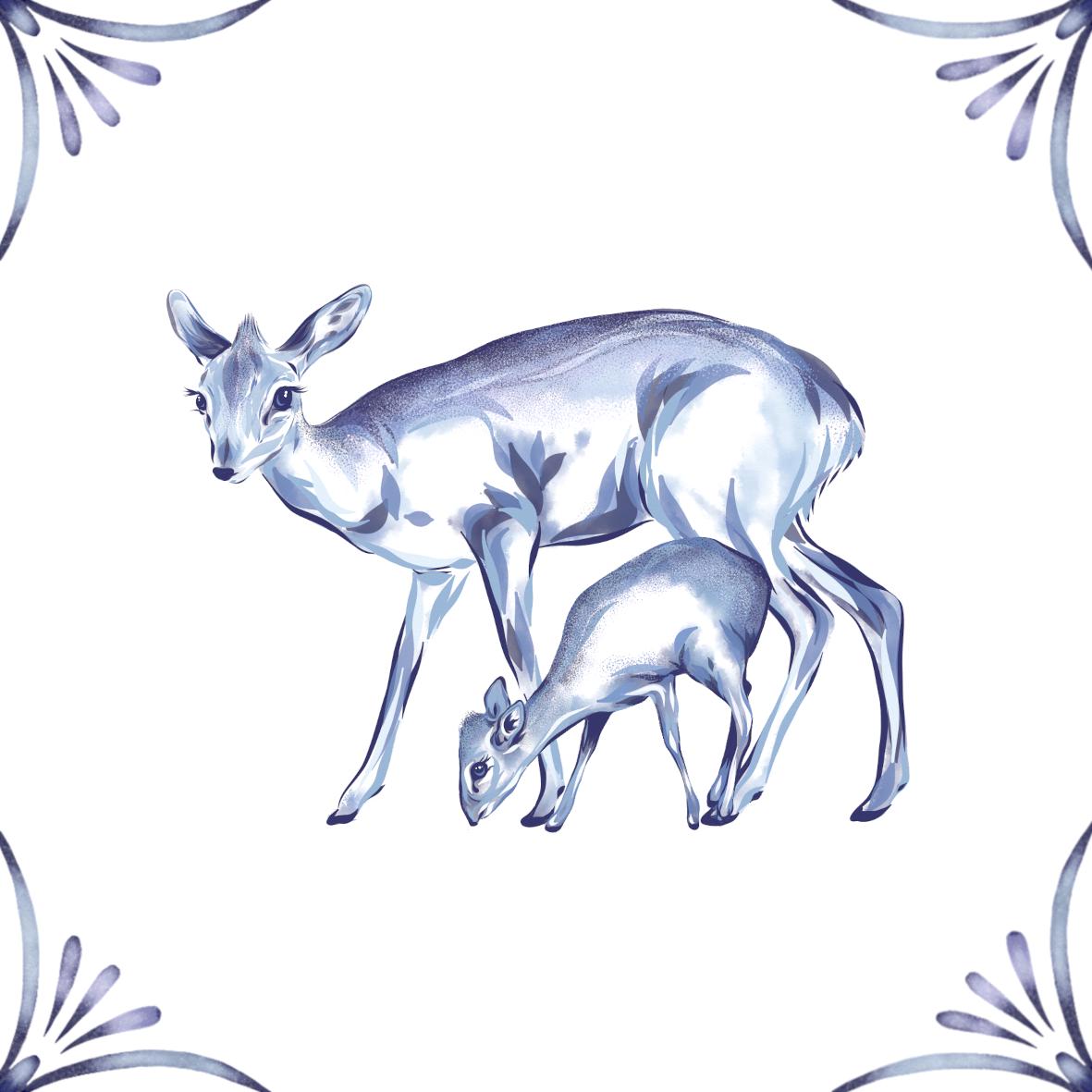 Delft Blue Ceramic Tile- Dik-Dik and Baby︱Bathroom Tile, Splashback, Kitchen Tiles, Modern Dutch Style