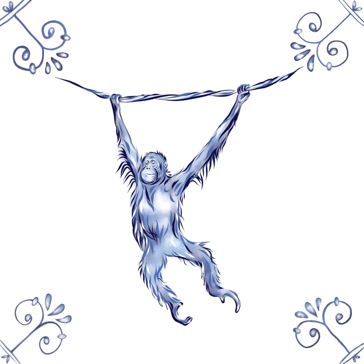 Delft Blue Ceramic Tile- Orangutan︱Bathroom Tile, Splashback, Kitchen Tiles, Modern Dutch Style