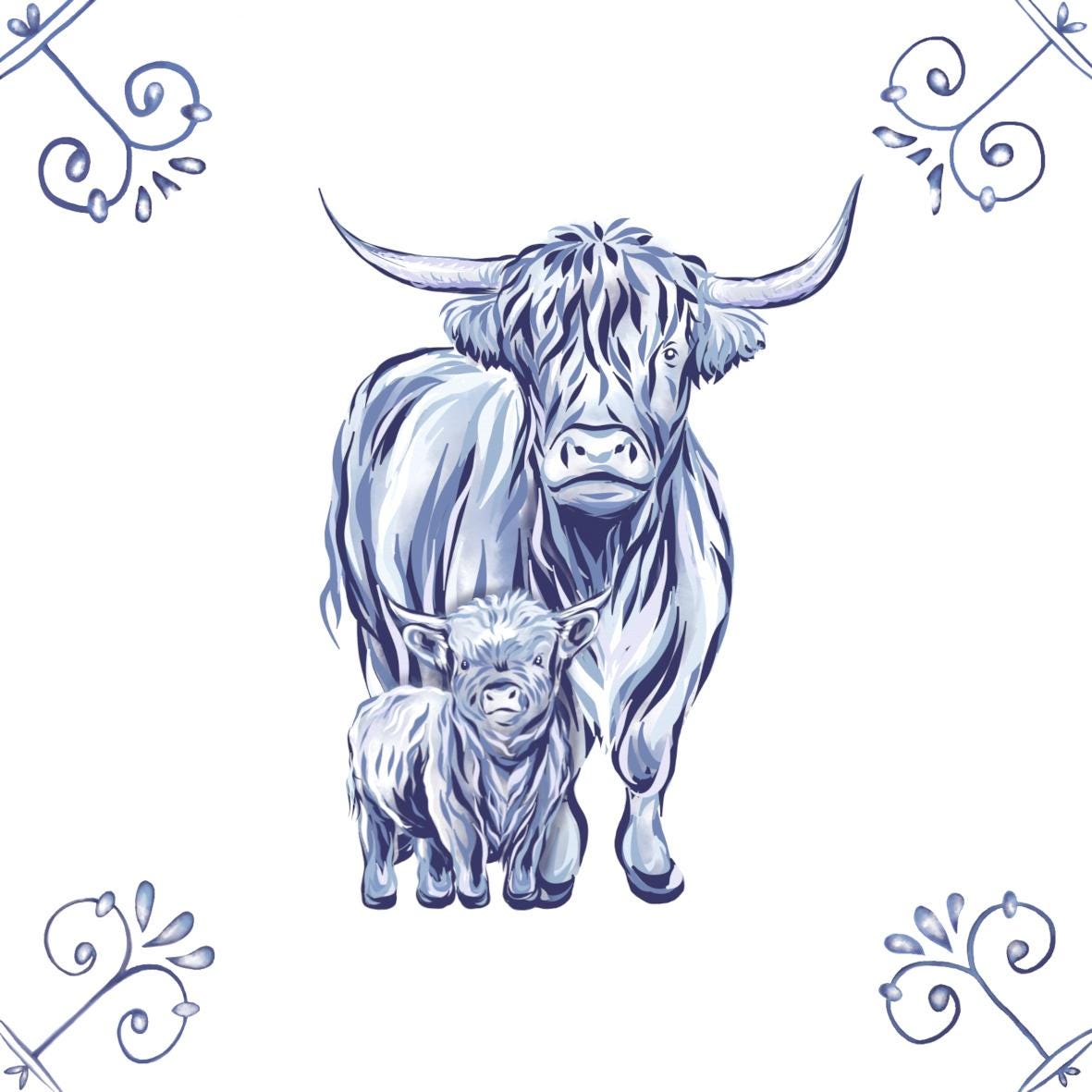 Delft Blue Ceramic Tile- Highland Cow and Calf︱Bathroom Tile, Splashback, Kitchen Tiles, Modern Dutch Style