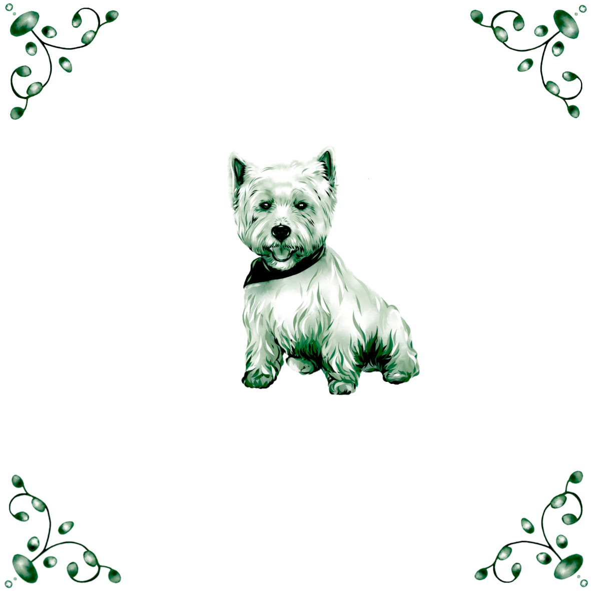 Delft Blue Ceramic Tile- West Highland Terrier Dog / Westie︱Bathroom Tile, Splashback, Kitchen Tiles, Modern Dutch Style