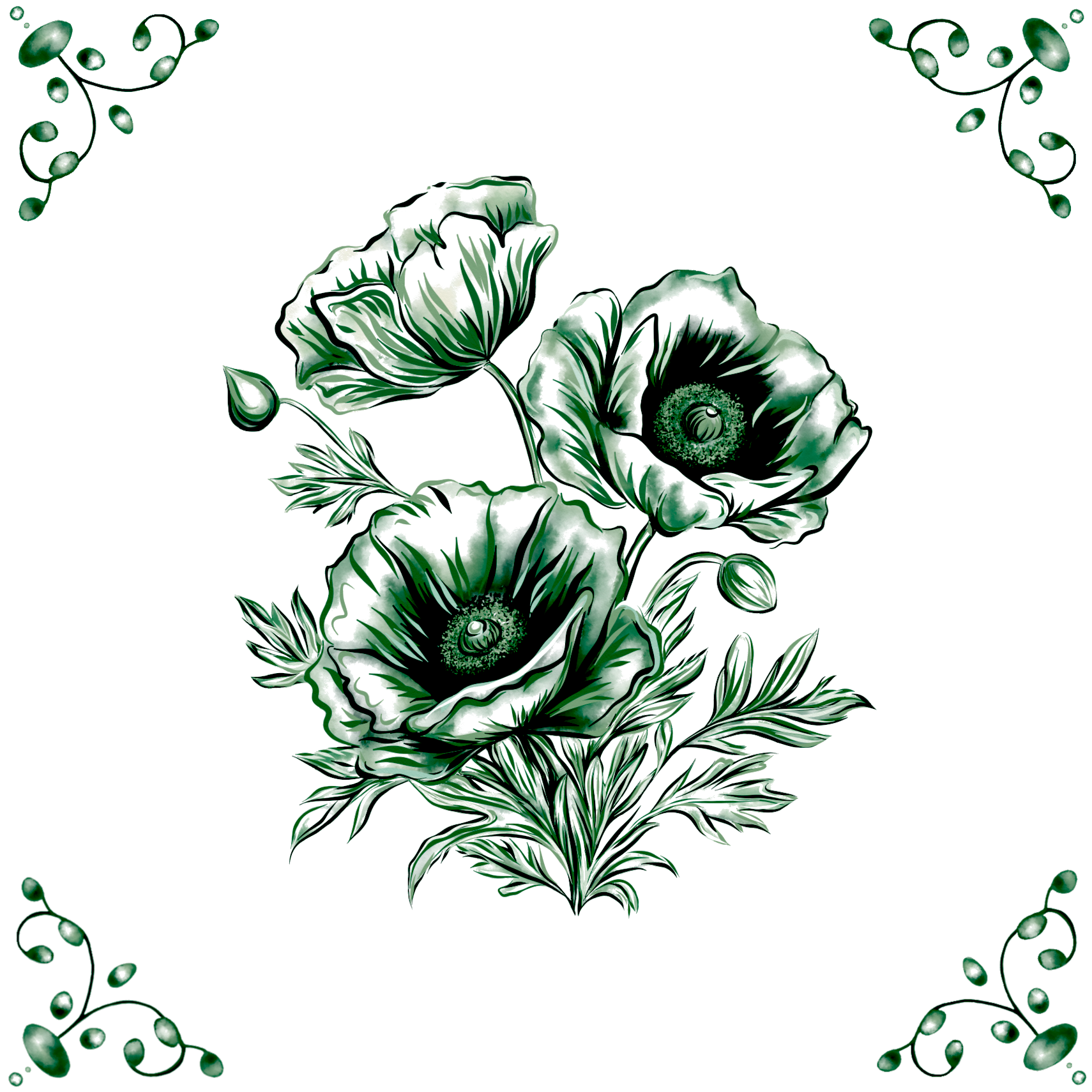 Delft Blue Ceramic Tile- Poppy︱Bathroom Tile, Splashback, Kitchen Tiles, Modern Dutch Style