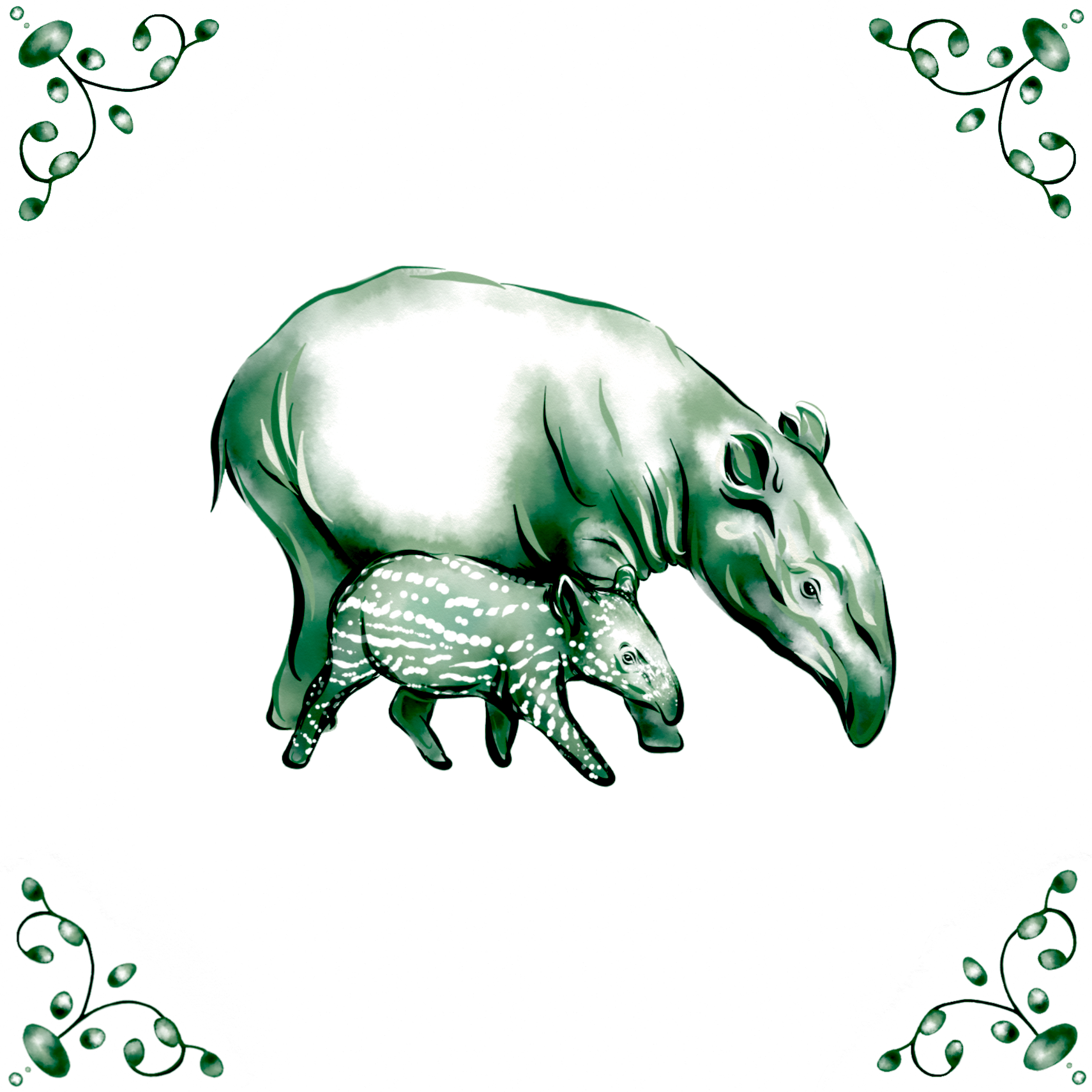 Delft Blue Ceramic Tile- Tapir and Baby︱Bathroom Tile, Splashback, Kitchen Tiles, Modern Dutch Style