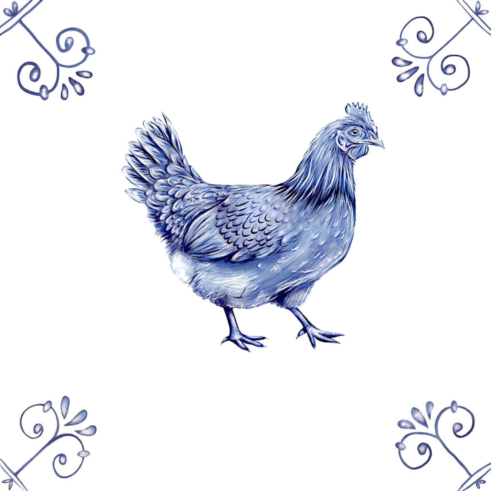 Delft Blue Ceramic Tile- Chicken︱Bathroom Tile, Splashback, Kitchen Tiles, Modern Dutch Style