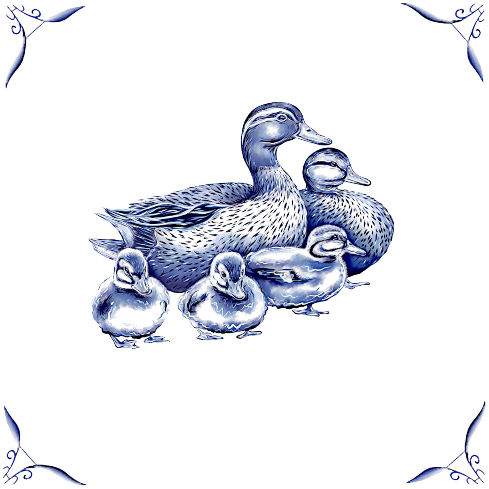 Delft Blue Ceramic Tile- Duck Family︱Bathroom Tile, Splashback, Kitchen Tiles, Modern Dutch Style