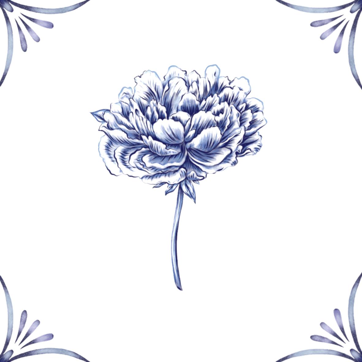 Delft Blue Ceramic Tile- Peony︱Bathroom Tile, Splashback, Kitchen Tiles, Modern Dutch Style