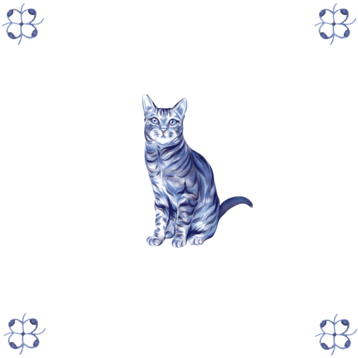 Delft Blue Ceramic Tile- Tabby Cat︱Bathroom Tile, Splashback, Kitchen Tile, Modern Dutch Style