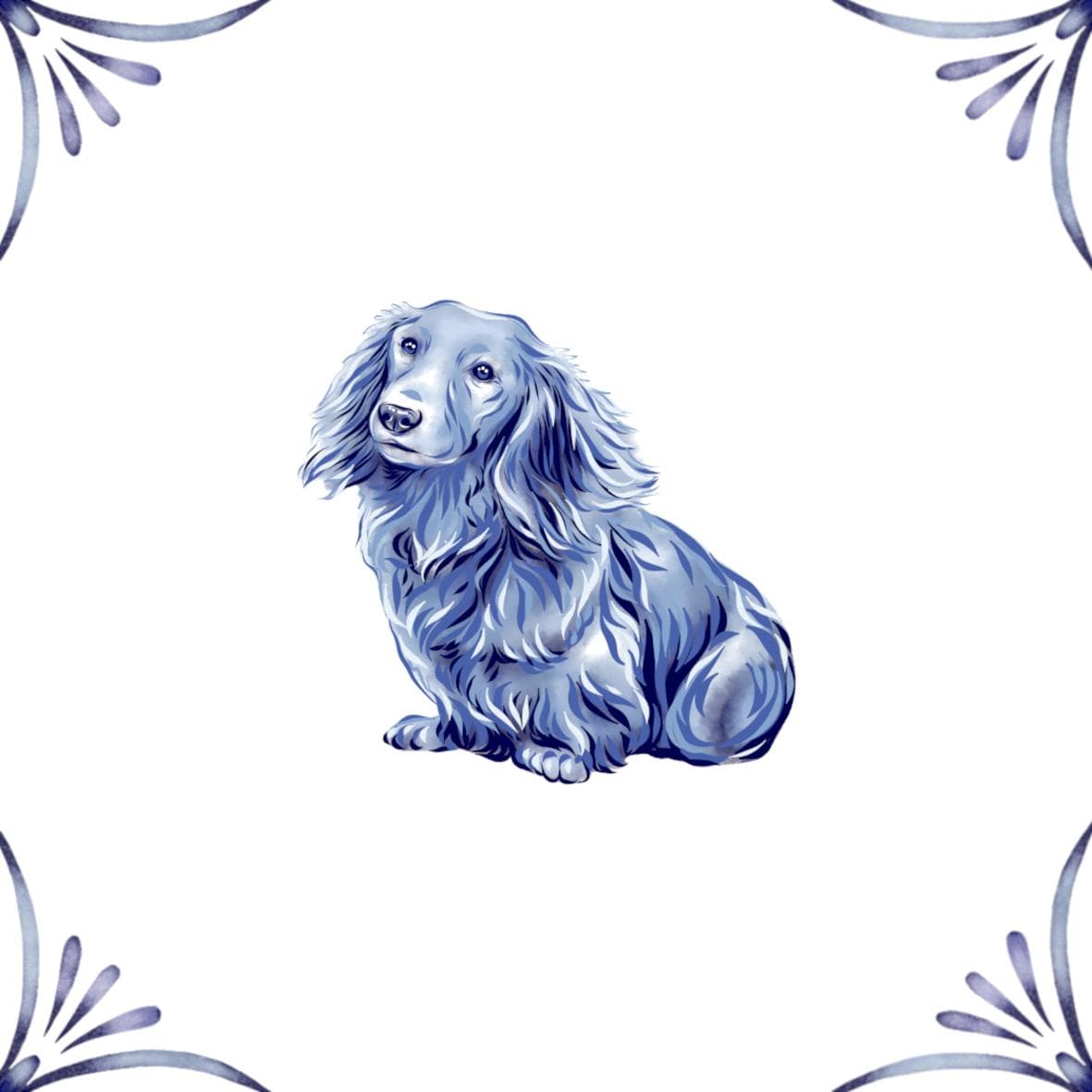 Delft Blue Ceramic Tile- Long Haired Dachshund Dog︱Bathroom Tile, Splashback, Kitchen Tiles, Modern Dutch Style