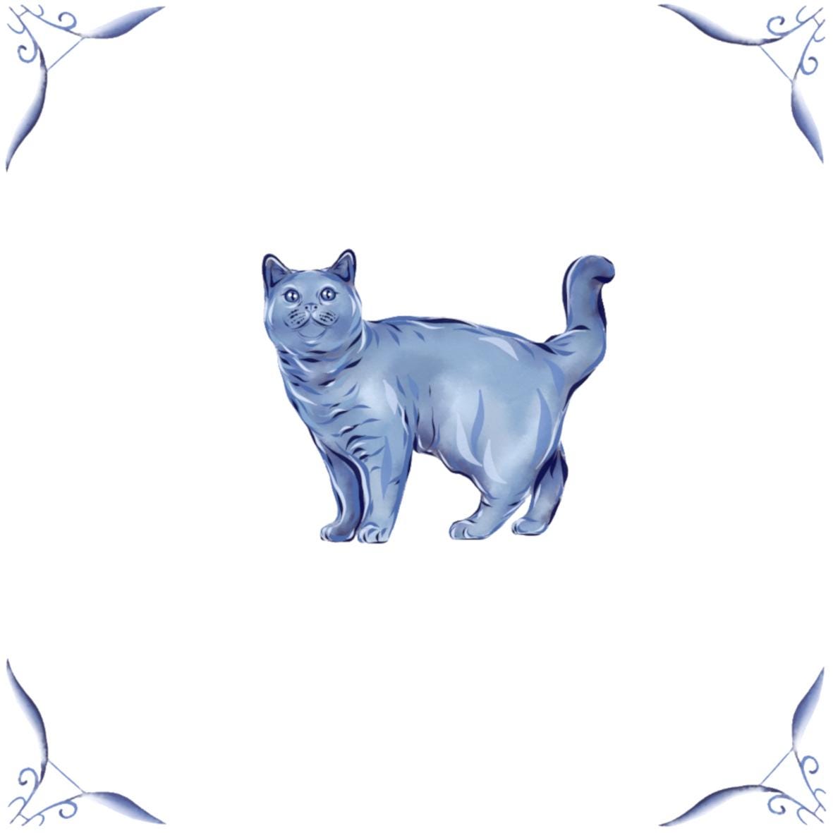Delft Blue Ceramic Tile- British Shorthair Cat︱Bathroom Tile, Splashback, Kitchen Tiles, Modern Dutch Style