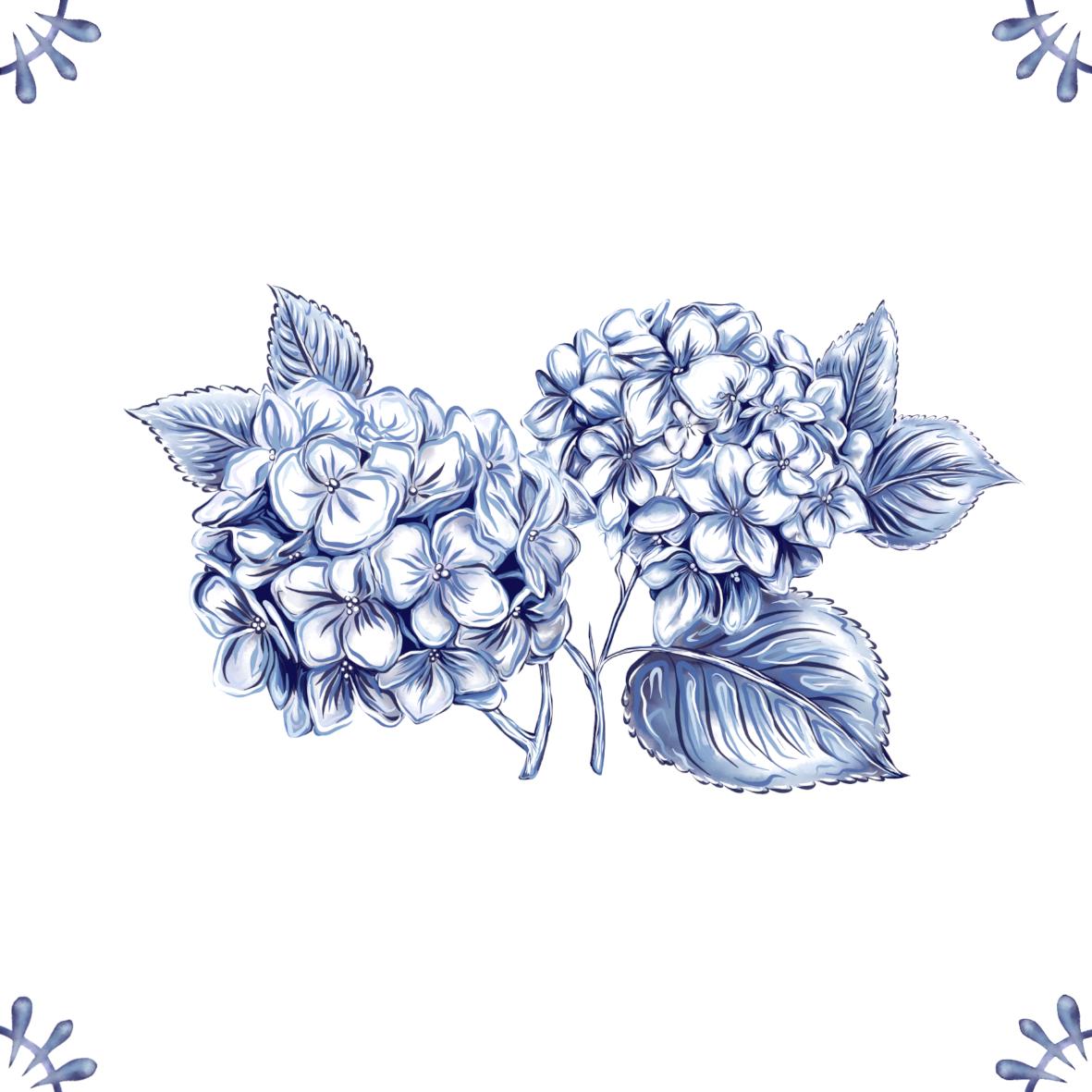 Delft Blue Ceramic Tile- Hydrangea Cluster︱Bathroom Tile, Splashback, Kitchen Tiles, Modern Dutch Style