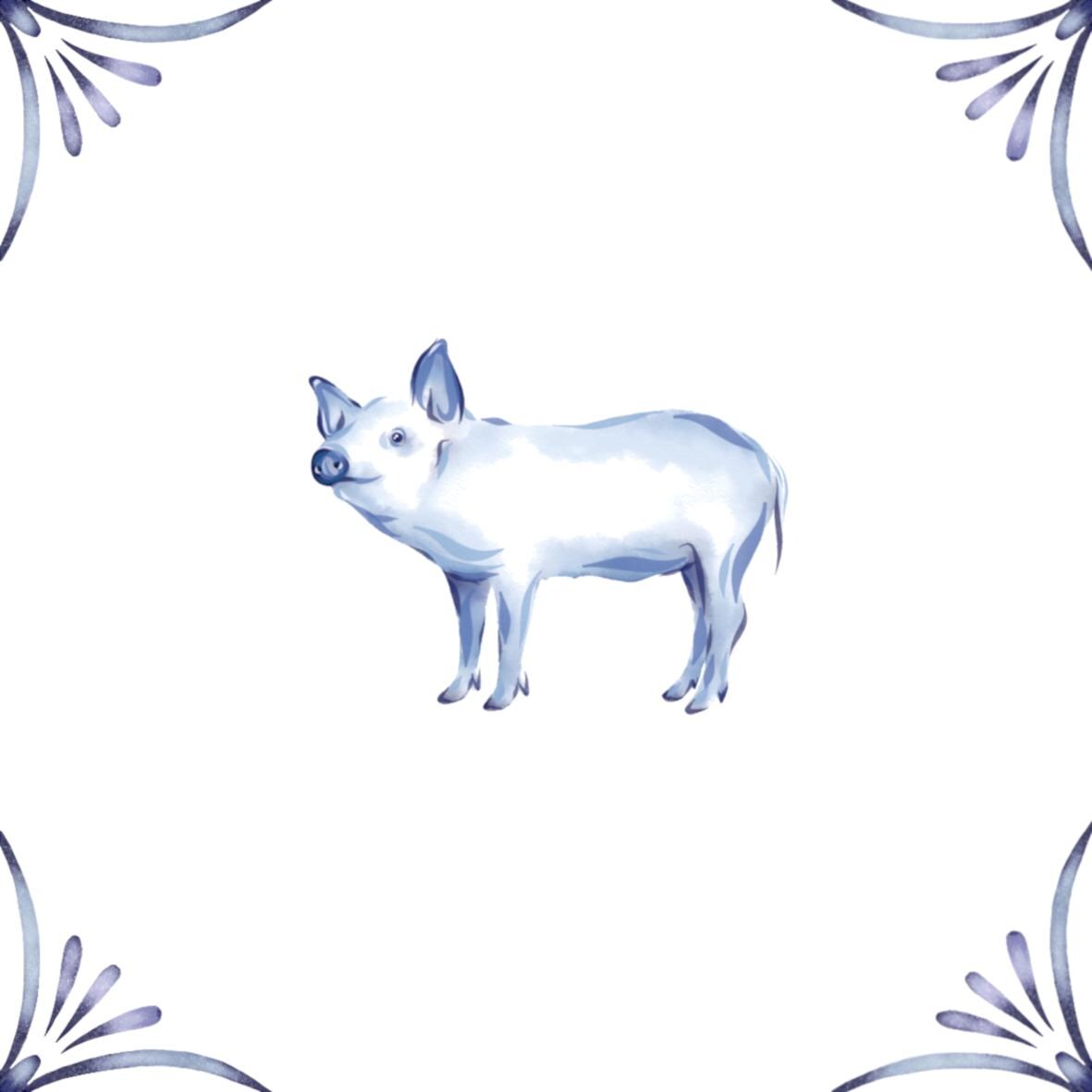 Delft Blue Ceramic Tile- Pig︱Bathroom Tile, Splashback, Kitchen Tiles, Modern Dutch Style