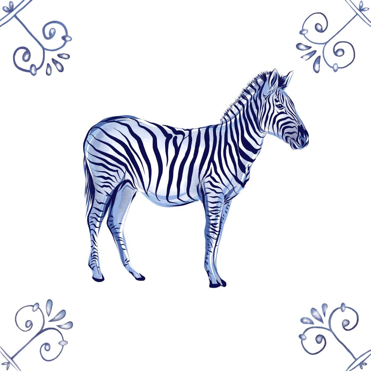 Delft Blue Ceramic Tile- Zebra︱Bathroom Tile, Splashback, Kitchen Tiles, Modern Dutch Style