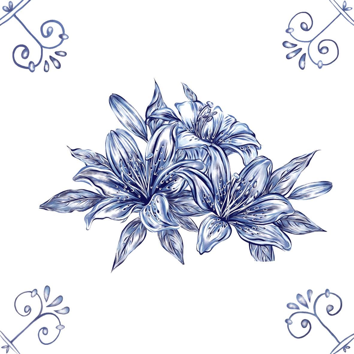 Delft Blue Ceramic Tile- Lily Cluster︱Bathroom Tile, Splashback, Kitchen Tiles, Modern Dutch Style