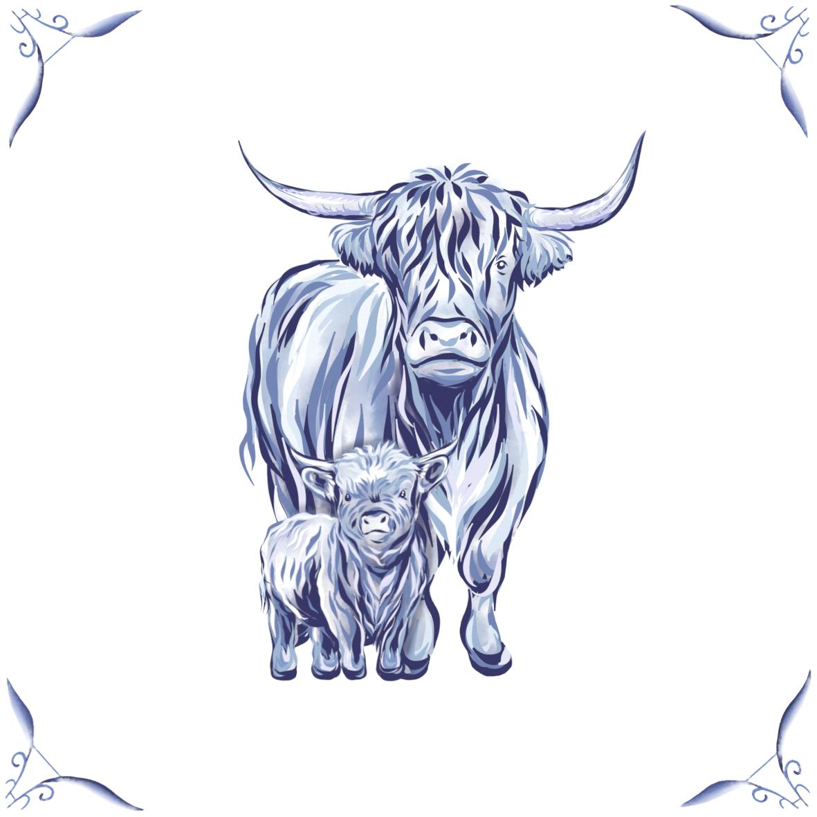 Delft Blue Ceramic Tile- Highland Cow and Calf︱Bathroom Tile, Splashback, Kitchen Tiles, Modern Dutch Style