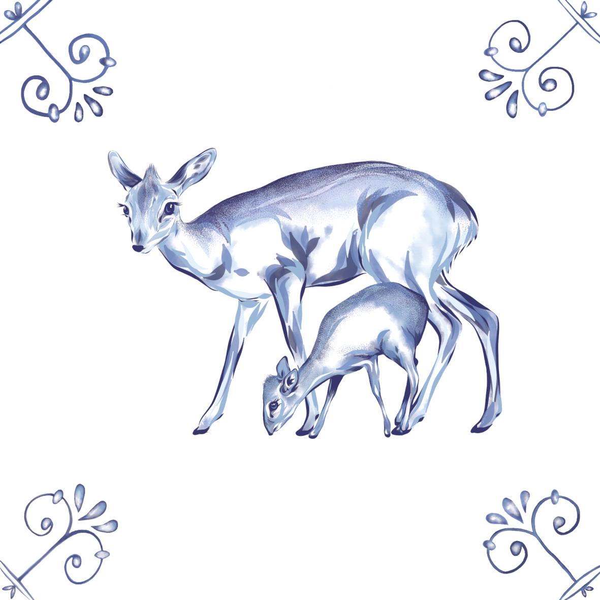Delft Blue Ceramic Tile- Dik-Dik and Baby︱Bathroom Tile, Splashback, Kitchen Tiles, Modern Dutch Style