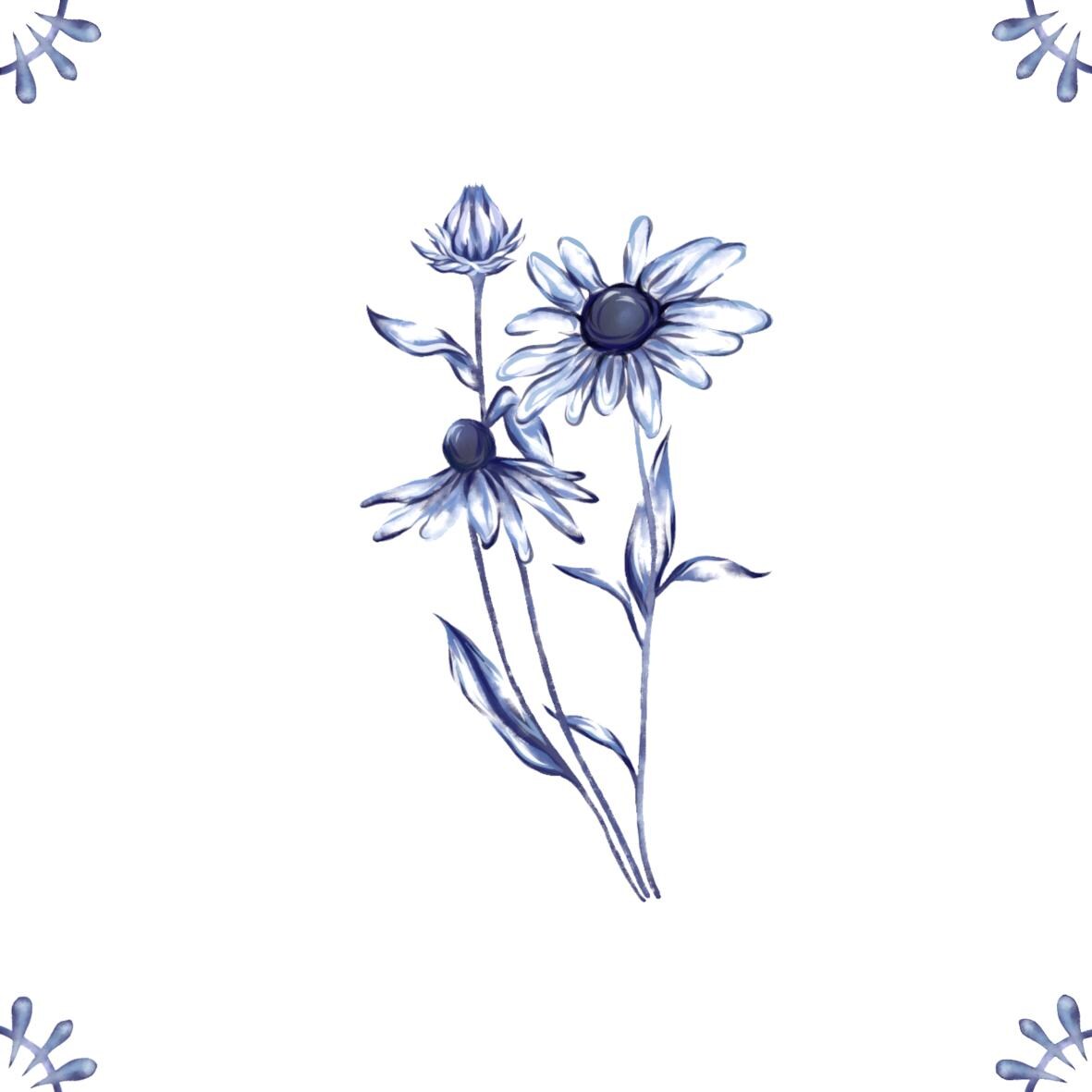 Delft Blue Ceramic Tile- Daisy︱Bathroom Tile, Splashback, Kitchen Tiles, Modern Dutch Style