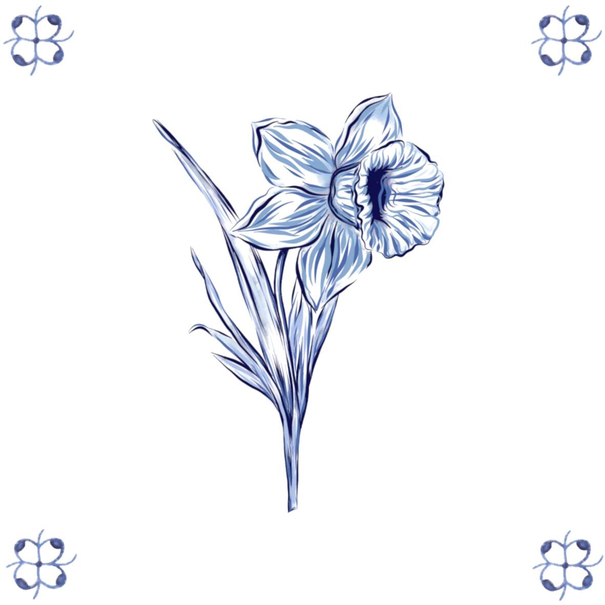Delft Blue Ceramic Tile- Daffodil︱Bathroom Tile, Splashback, Kitchen Tiles, Modern Dutch Style