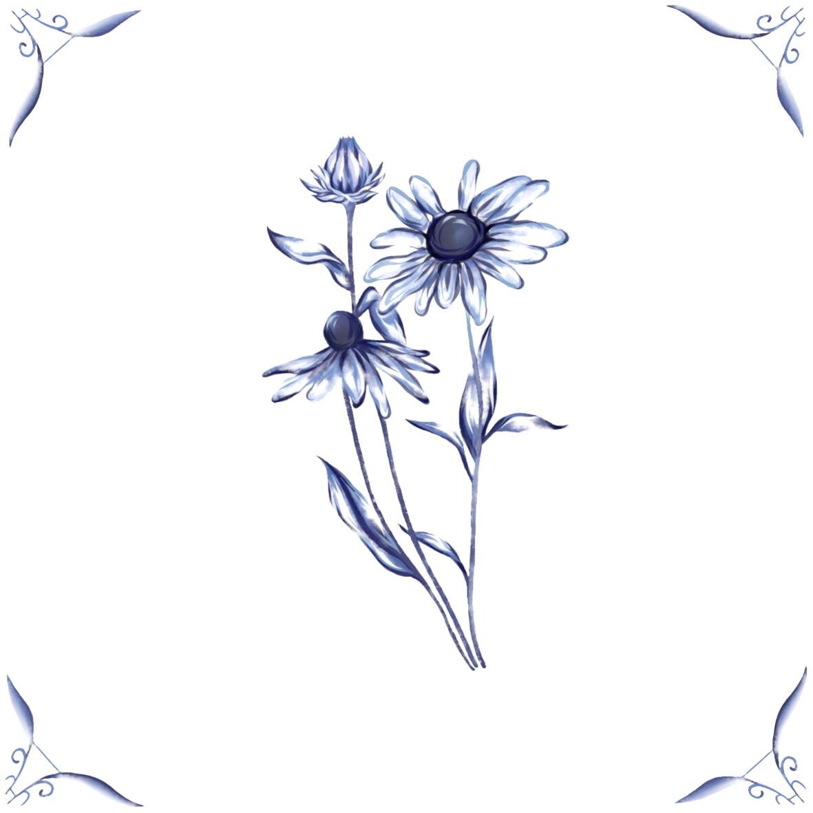 Delft Blue Ceramic Tile- Daisy︱Bathroom Tile, Splashback, Kitchen Tiles, Modern Dutch Style