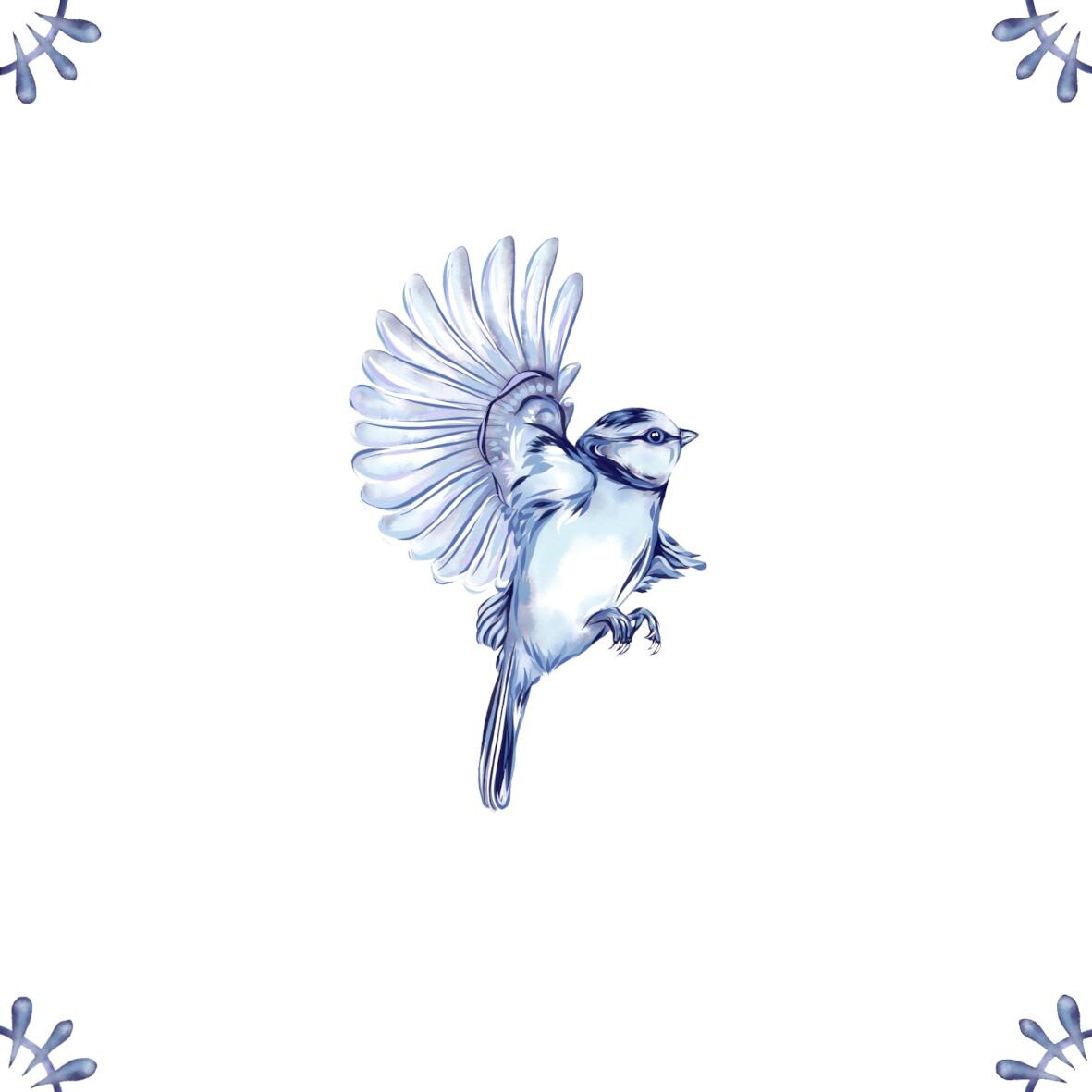 Delft Blue Ceramic Tile- Blue Tit︱Bathroom Tile, Splashback, Kitchen Tiles, Modern Dutch Style