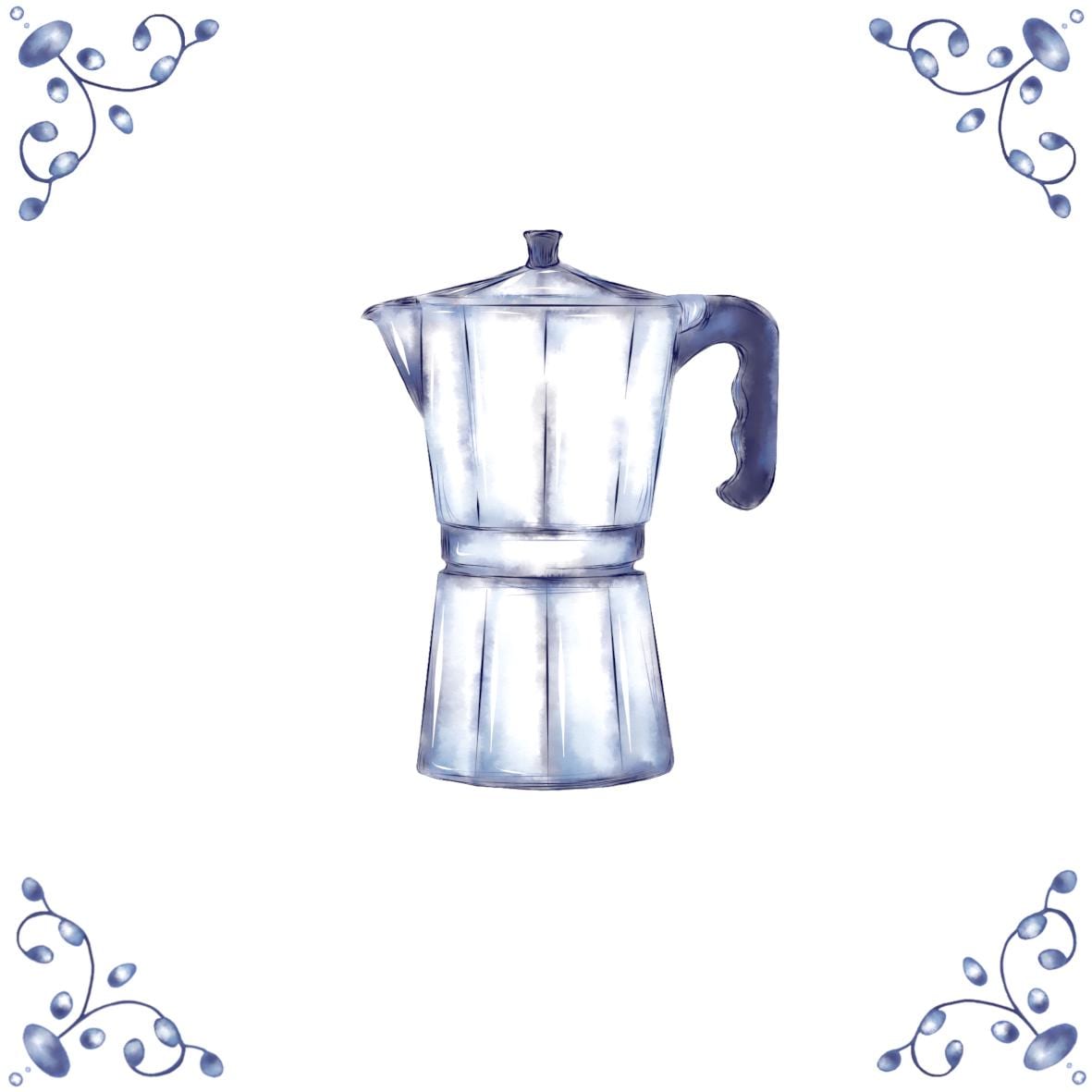 Delft Blue Ceramic Tile- Mocha Pot / Espresso Maker︱Bathroom Tile, Splashback, Kitchen Tiles, Modern Dutch Style