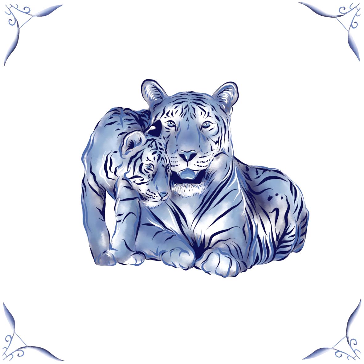 Delft Blue Ceramic Tile- Tiger and Cub︱Bathroom Tile, Splashback, Kitchen Tiles, Modern Dutch Style
