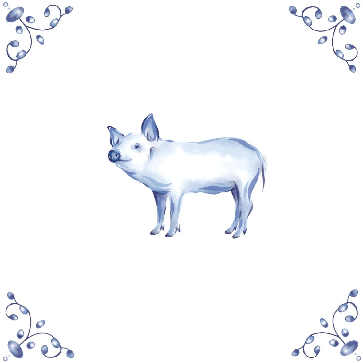 Delft Blue Ceramic Tile- Pig︱Bathroom Tile, Splashback, Kitchen Tiles, Modern Dutch Style