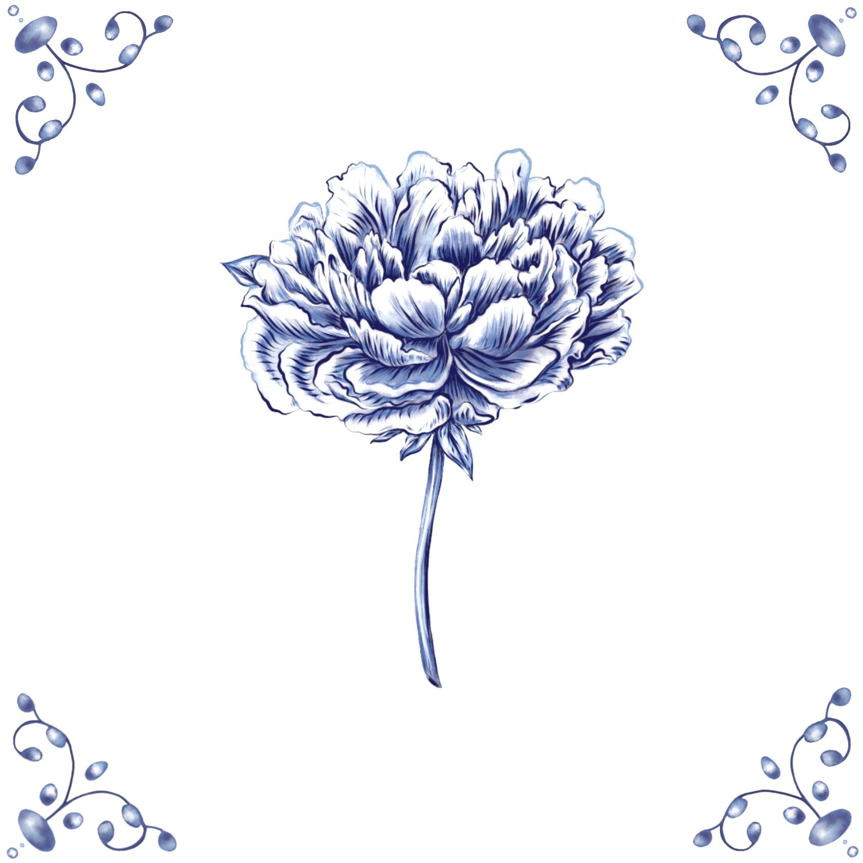 Delft Blue Ceramic Tile- Peony︱Bathroom Tile, Splashback, Kitchen Tiles, Modern Dutch Style
