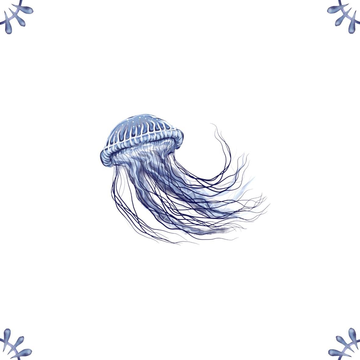 Delft Blue Ceramic Tile- Jellyfish︱Bathroom Tile, Splashback, Kitchen Tiles, Modern Dutch Style