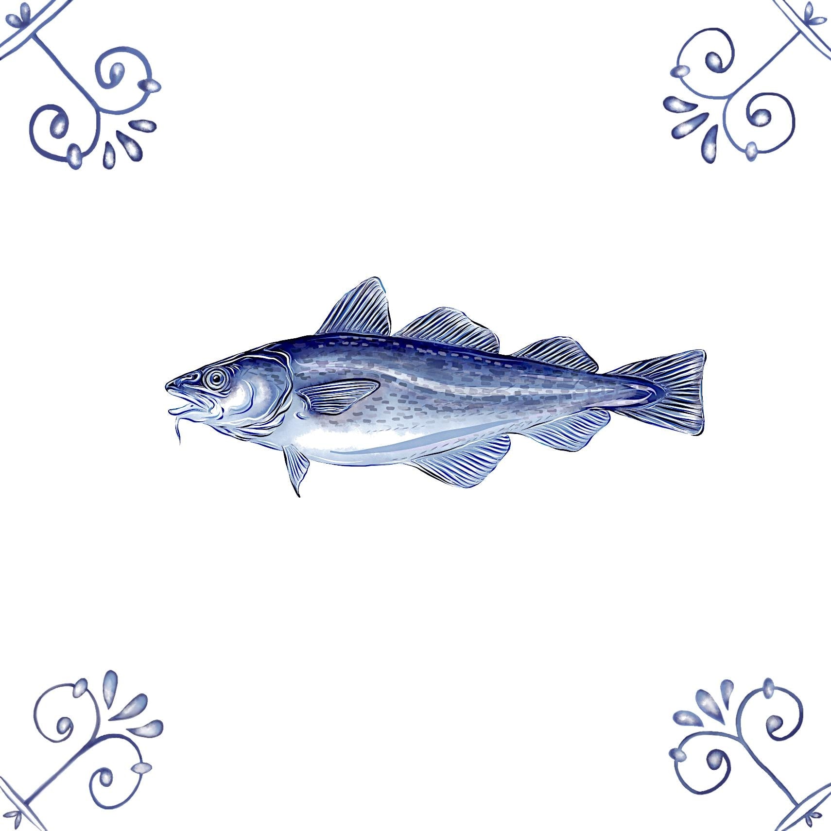Delft Blue Ceramic Tile- Cod Fish︱Bathroom Tile, Splashback, Kitchen Tiles, Modern Dutch Style