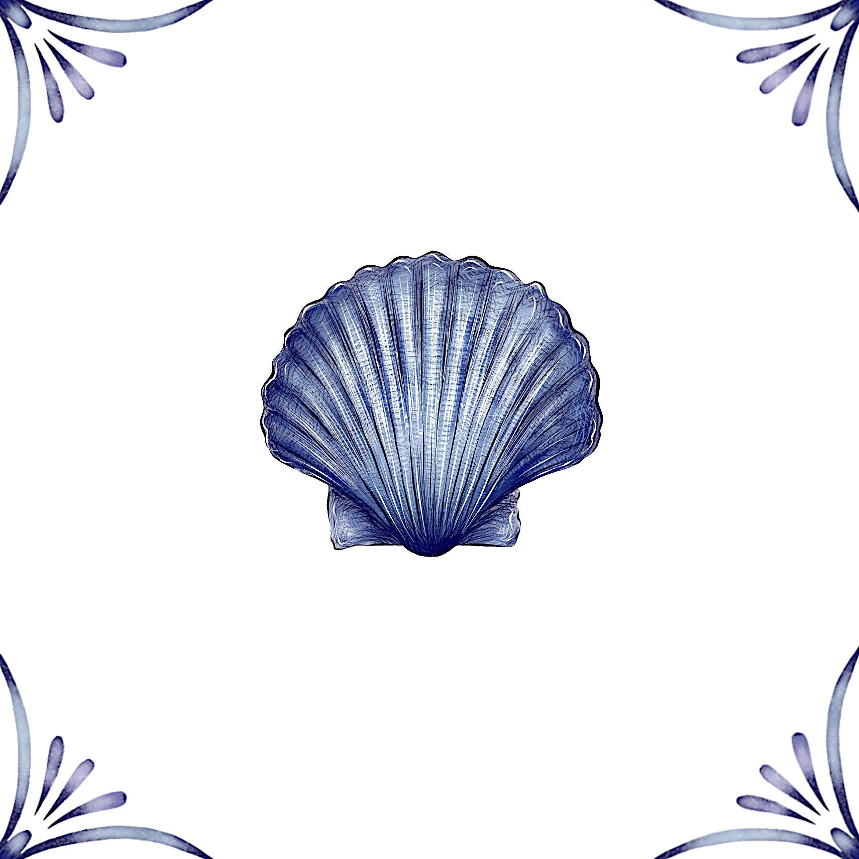 Delft Blue Ceramic Tile- Scallop Shell︱Bathroom Tile, Splashback, Kitchen Tiles, Modern Dutch Style