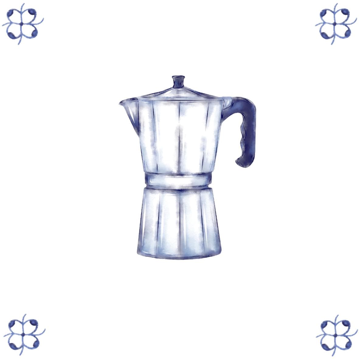 Delft Blue Ceramic Tile- Mocha Pot / Espresso Maker︱Bathroom Tile, Splashback, Kitchen Tiles, Modern Dutch Style