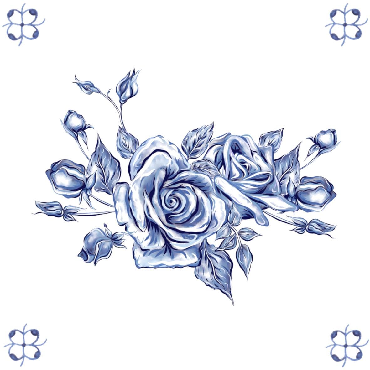 Delft Blue Ceramic Tile- Rose Cluster︱Bathroom Tile, Splashback, Kitchen Tiles, Modern Dutch Style
