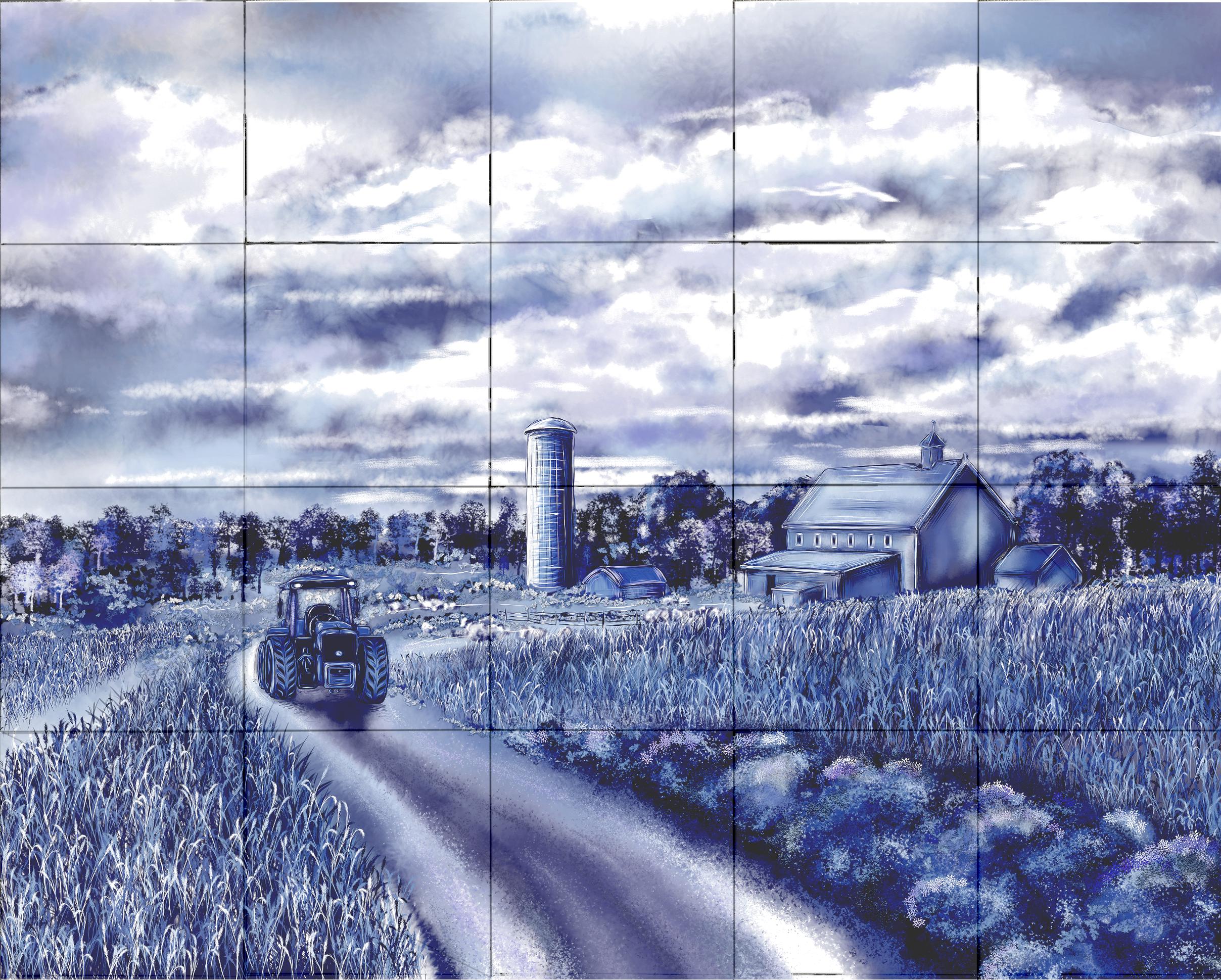 Delft Blue Ceramic Tile Mural- Farm Barn and Tractor Scene︱Splashback, Kitchen Tiles, Modern Dutch Style