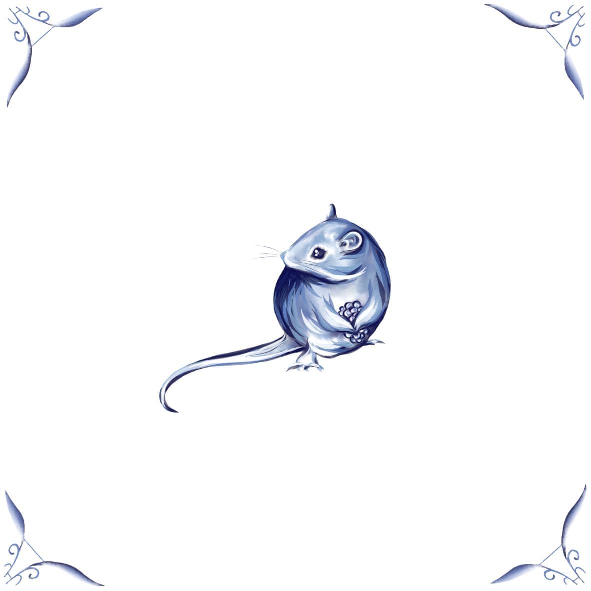 Delft Blue Ceramic Tile- Mouse with Berry︱Bathroom Tile, Splashback, Kitchen Tiles, Modern Dutch Style