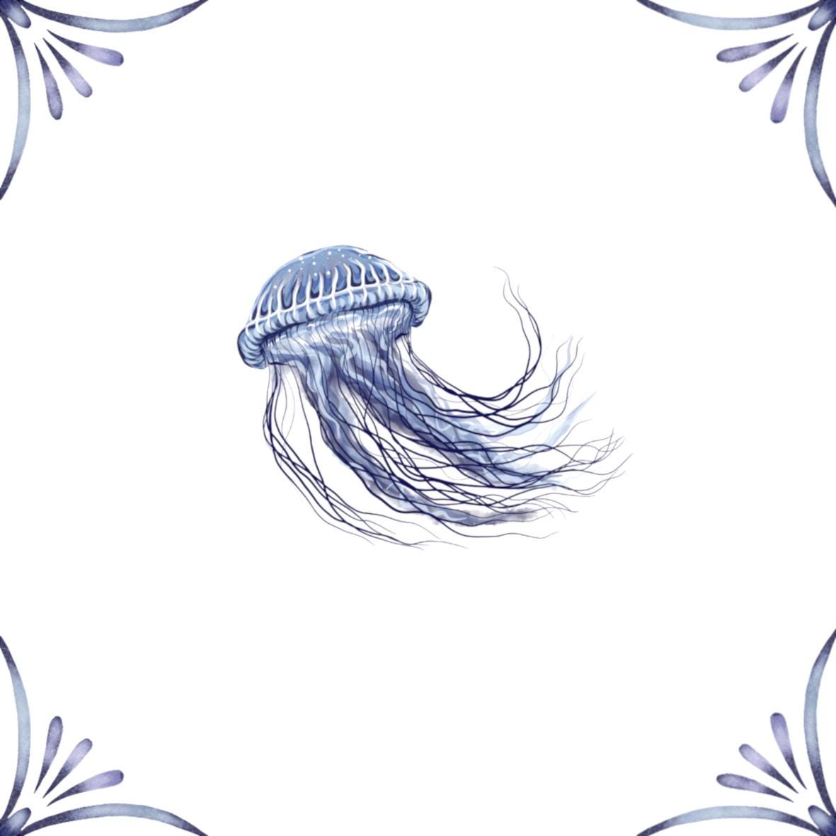 Delft Blue Ceramic Tile- Jellyfish︱Bathroom Tile, Splashback, Kitchen Tiles, Modern Dutch Style
