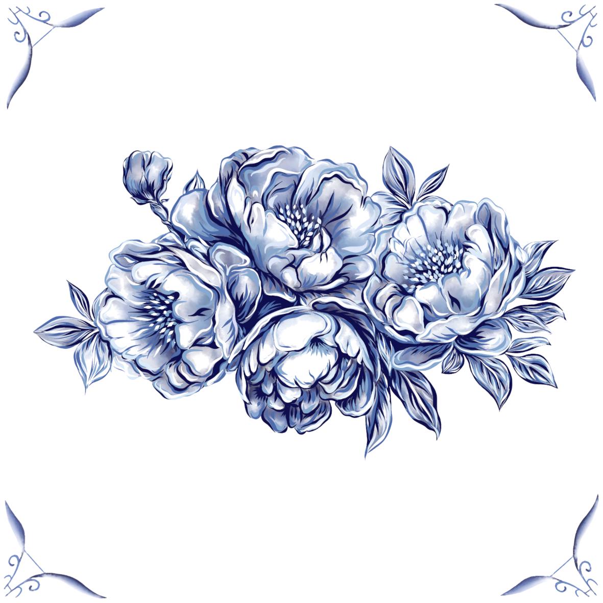 Delft Blue Ceramic Tile- Peony Cluster︱Bathroom Tile, Splashback, Kitchen Tiles, Modern Dutch Style