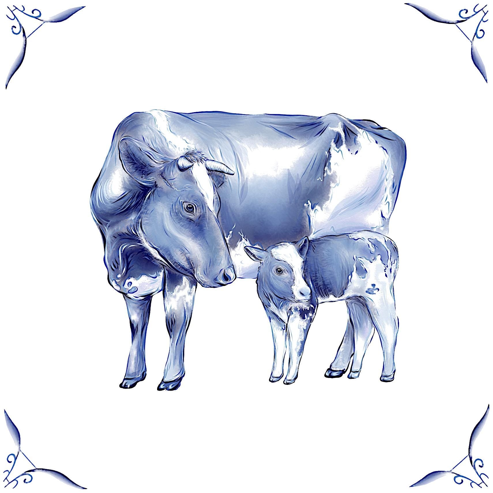 Delft Blue Ceramic Tile- Detailed Cow & Calf︱Splashback, Kitchen Tiles, Modern Dutch Style