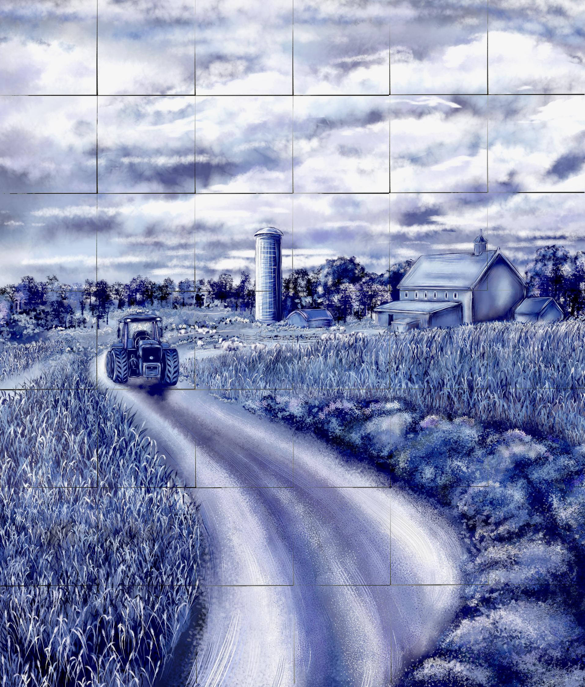 Delft Blue Ceramic Tile Mural- Farm Barn and Tractor Scene︱Splashback, Kitchen Tiles, Modern Dutch Style