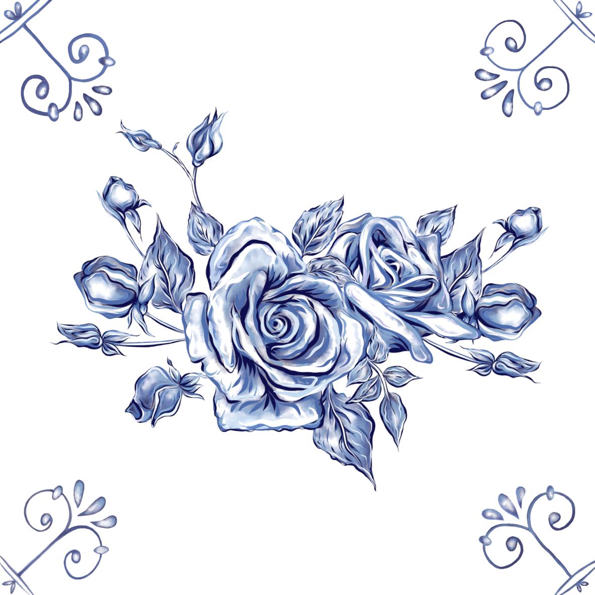 Delft Blue Ceramic Tile- Rose Cluster︱Bathroom Tile, Splashback, Kitchen Tiles, Modern Dutch Style
