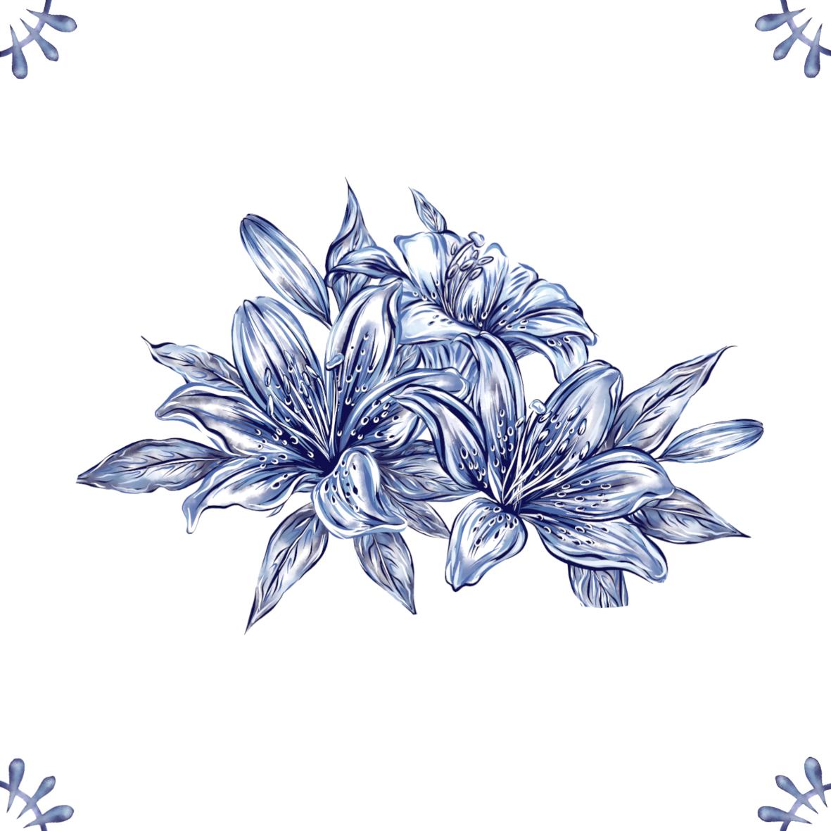 Delft Blue Ceramic Tile- Lily Cluster︱Bathroom Tile, Splashback, Kitchen Tiles, Modern Dutch Style