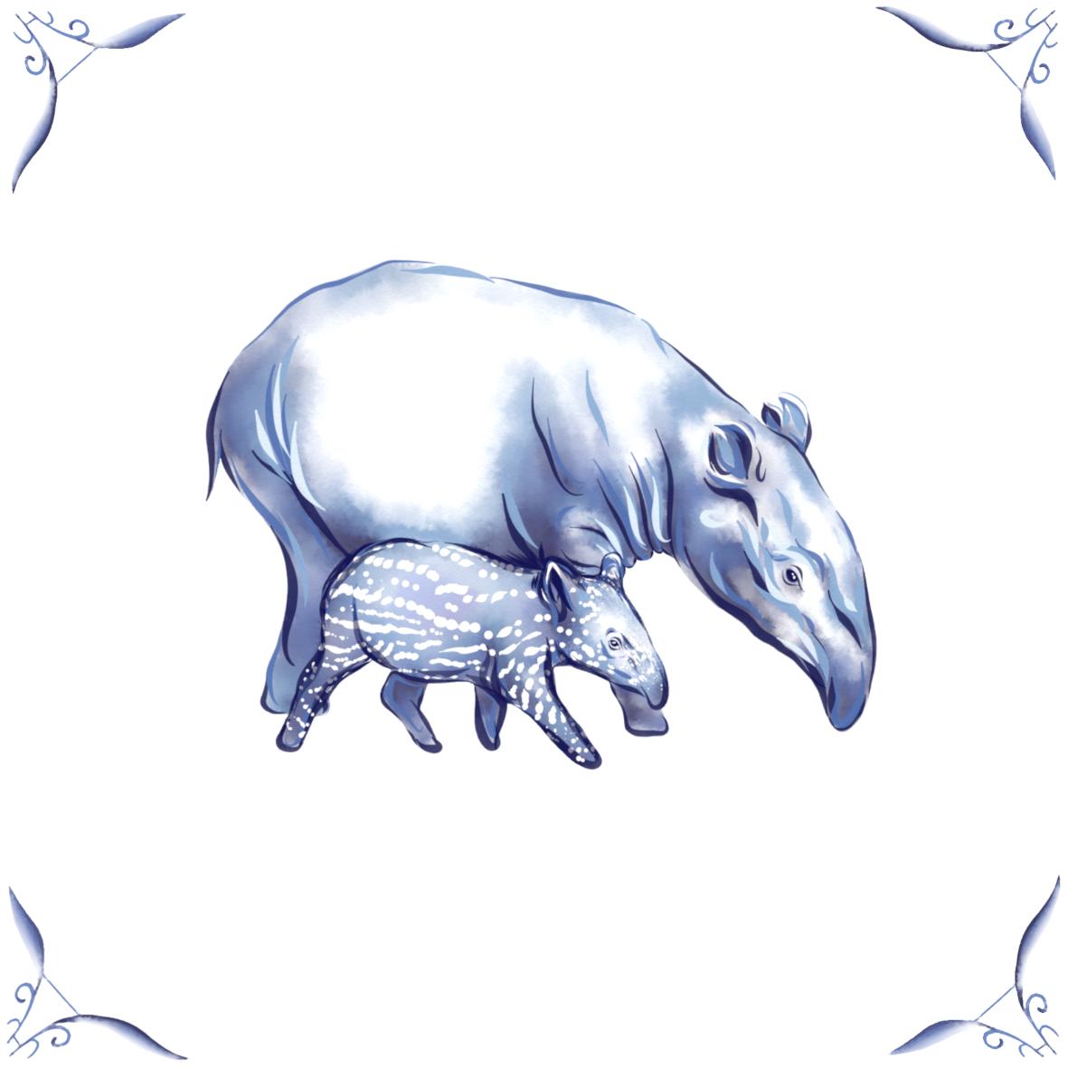 Delft Blue Ceramic Tile- Tapir and Baby︱Bathroom Tile, Splashback, Kitchen Tiles, Modern Dutch Style