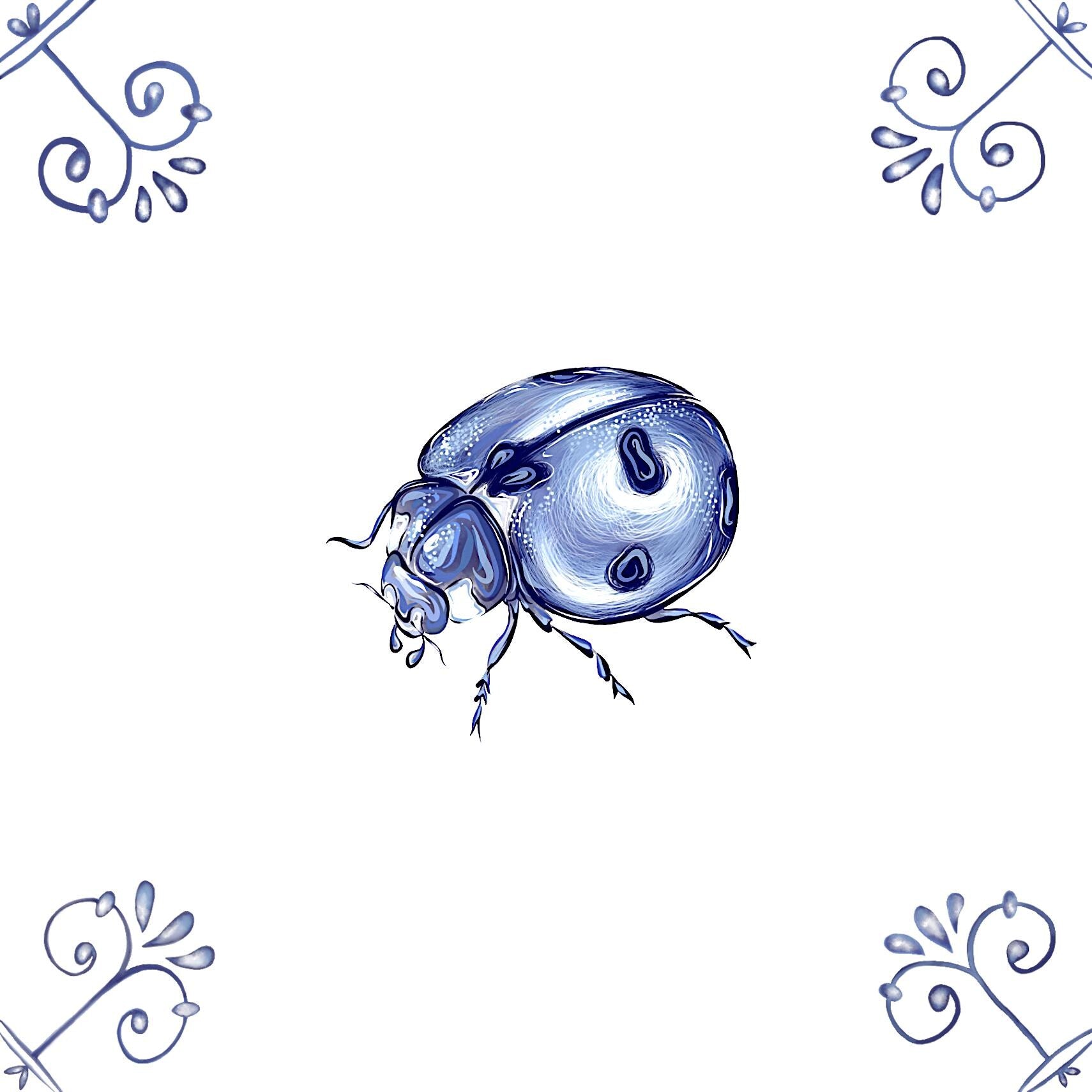 Delft Blue Ceramic Tile- Detailed Ladybird︱Bathroom Tile, Splashback, Kitchen Tiles, Modern Dutch Style