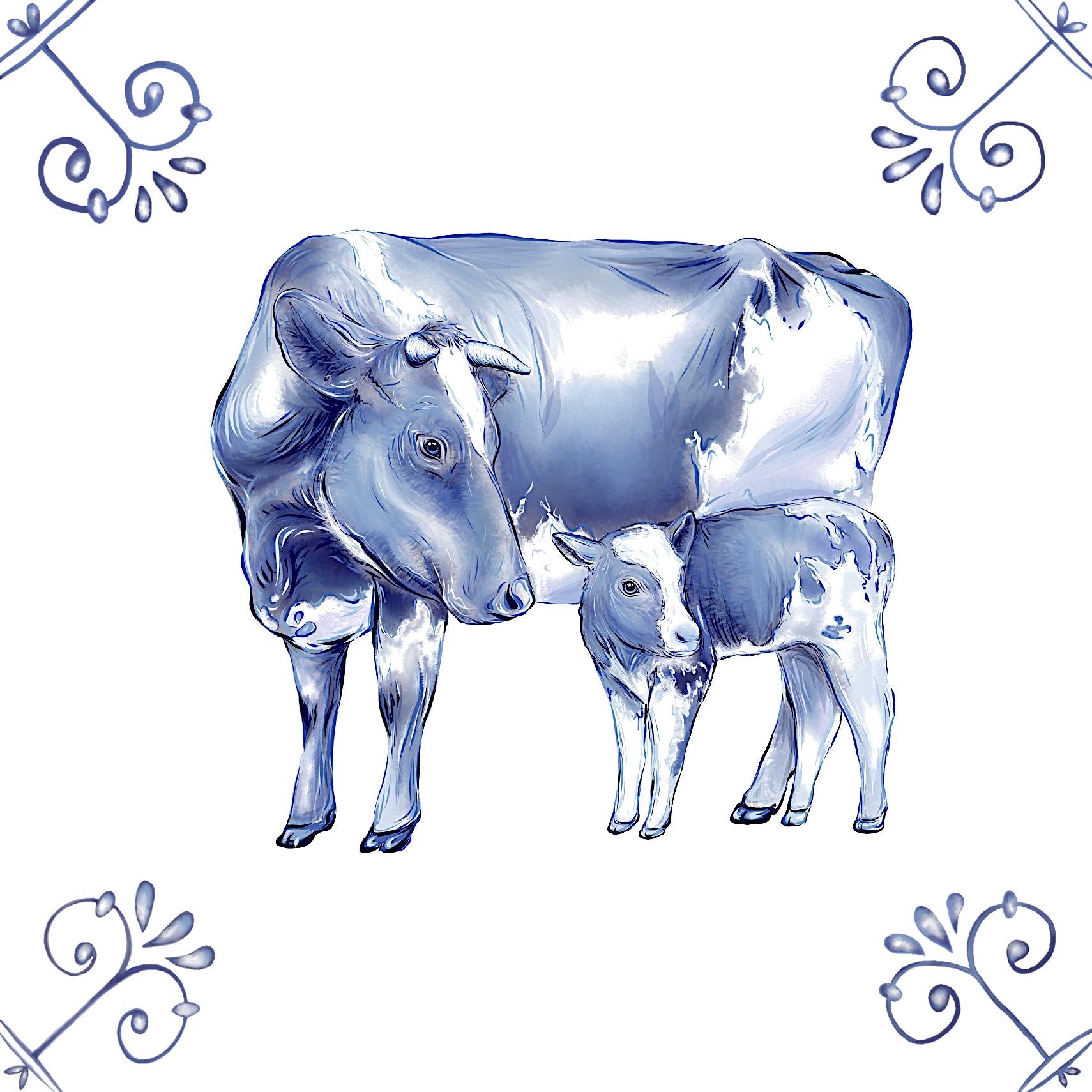 Delft Blue Ceramic Tile- Detailed Cow & Calf︱Splashback, Kitchen Tiles, Modern Dutch Style