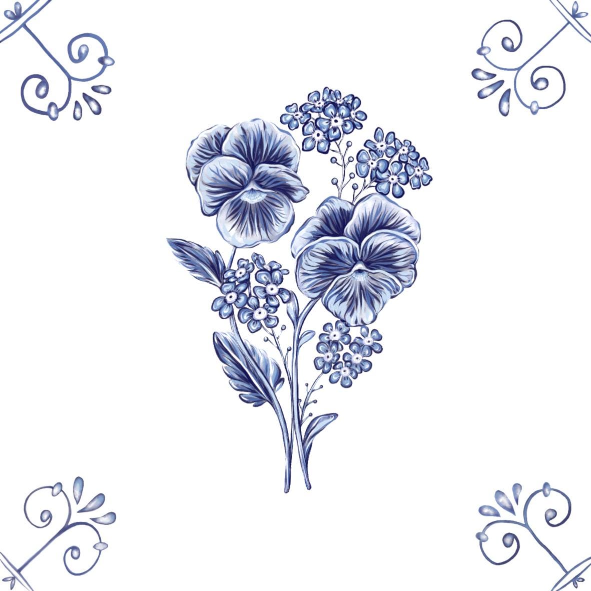 Delft Blue Ceramic Tile- Pansy︱Bathroom Tile, Splashback, Kitchen Tiles, Modern Dutch Style