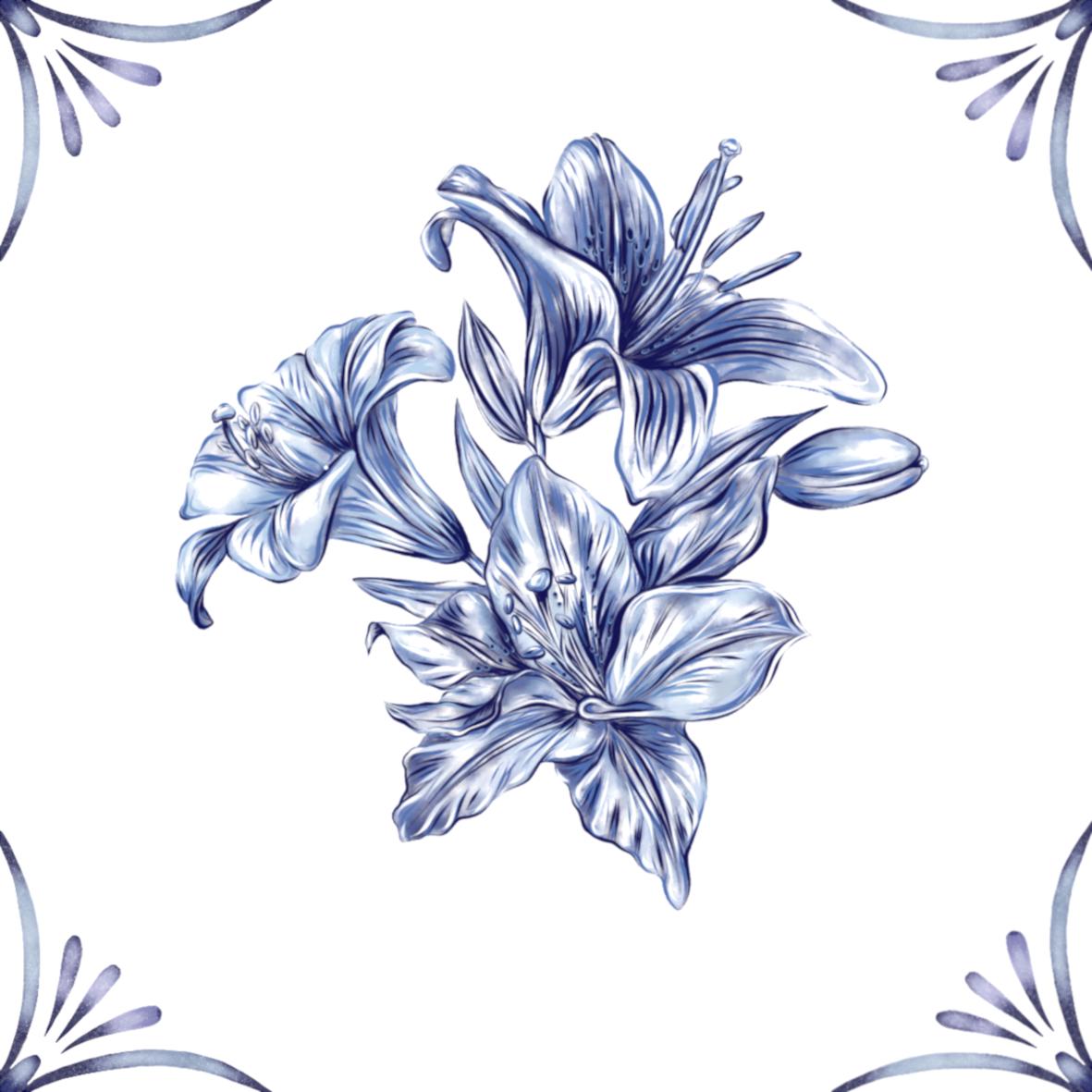 Delft Blue Ceramic Tile- Lily︱Bathroom Tile, Splashback, Kitchen Tiles, Modern Dutch Style