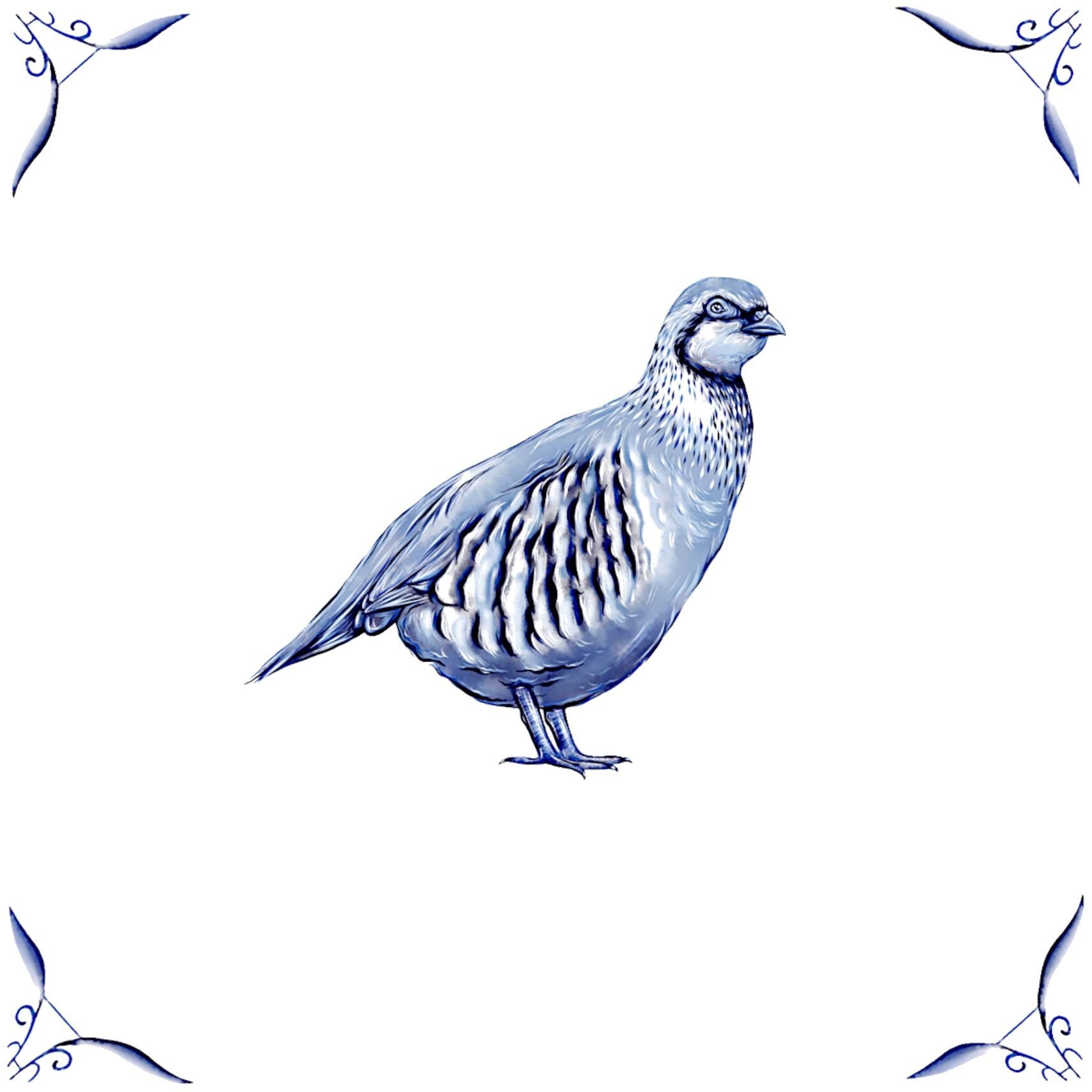 Delft Blue Ceramic Tile- Detailed Partridge︱Bathroom Tile, Splashback, Kitchen Tiles, Modern Dutch Style